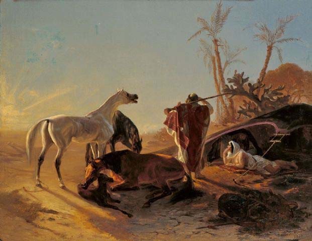 Rastendes Beduinenpaar mit Araberpferden